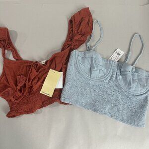 NWT Lot of 2 Babydoll Top Crop Women M Cotton‎ Blend Smocked Boho Peasant